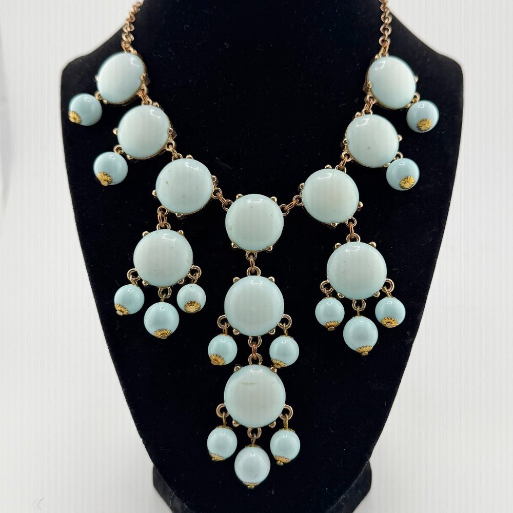 Stunning Pale Aqua Blue Cabochon Bib Statement Necklace - Gold Tone